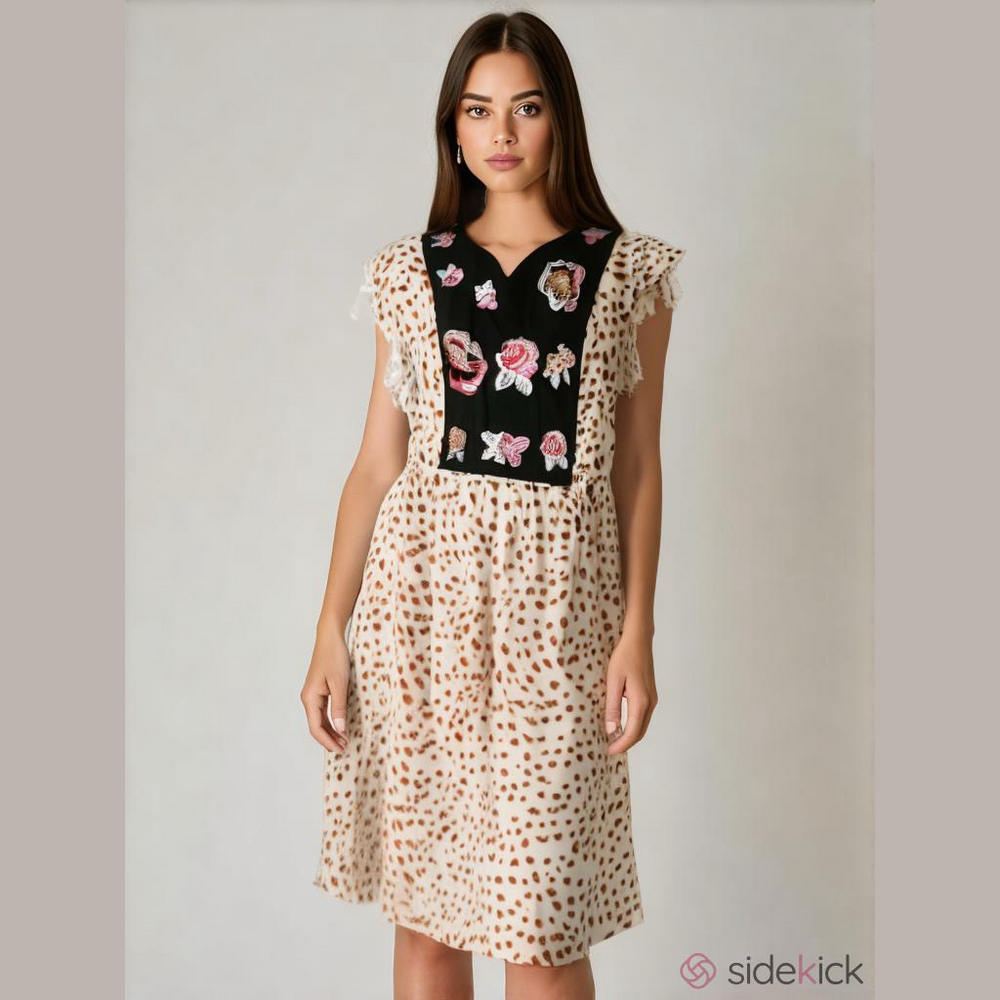 New Floral Embroidered Leopard Print Dress. L